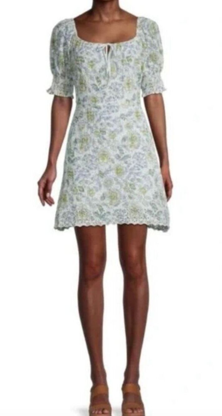 Avec Les Filles Baby Blue Floral Eyelet Lace Puff Sleeve Mini Peasant Sz Small D